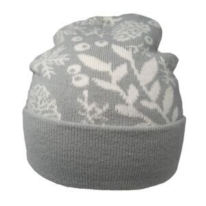 The Girlfriend Beanie Hat Gray One Size Adjustable Stretch Knitted Floral